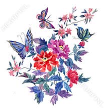 Peonies and butterflies, watercolor illustration in oriental style on a white background.