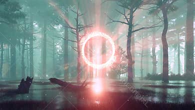 Mystical foggy forest with portal to another world