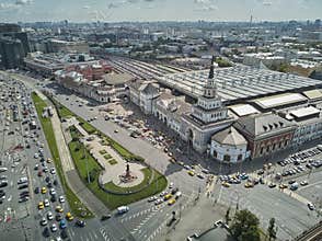 Moscow, Russia - July 21, 2019. Moscow top view at the Komsomolskaya square, also known as the square of three railway stations.