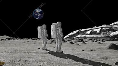 Astronauts discovers an alien ship on the moon. Conspiracy Theory Concept.