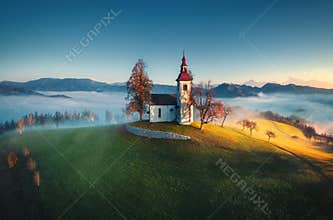 Aerial view of Saint Tomas church, Slovenia