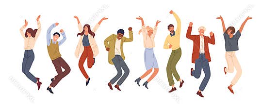 Happy jumping office workers flat vector illustration. Cheerful corporate employees cartoon characters set. Young male