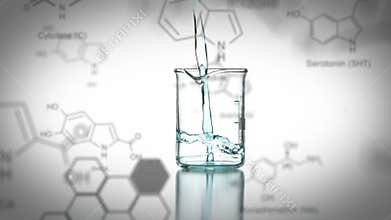 Laboratory beaker with data and structural formula of chemical compounds in the foreground