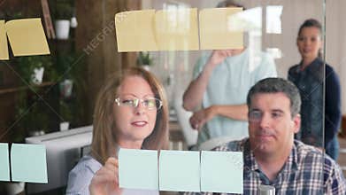 Team of successful people sharing great ideas on their sticky notes on a glass door