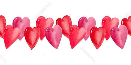 Watercolor borders Pattern with cute hearts and delicate flowers