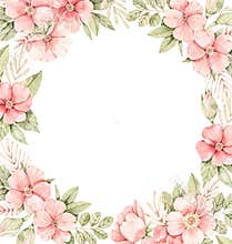Watercolor botanical illustration. Frame with Pink dog-rose blossom. Border with gentle rose, bud, branches and green leaves.