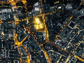 Aerial Overhead View of Frankfurt am Main, Germany Skyline at Night with glowing Streets