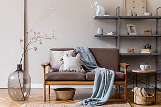 Interior design and home decor of living room with brown wooden sofa.