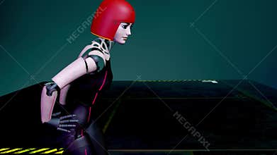 Beautiful cyborg girl defiles on the catwalk in neon light. Artificial Female Android Robot Is Walking. Artificial intelligence