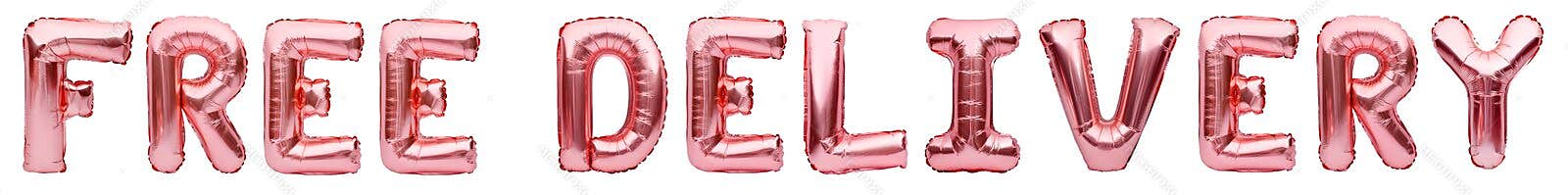 Pink golden words FREE DELIVERY made of inflatable balloons isolated on white background. Rose gold foil balloon letters,