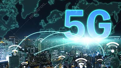 5G network connection with city background conceptsÂ 
