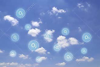 Cloud and blue sky with oxygen symbols floating around.
