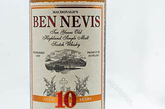 Ben Nevis Highland Single Malt Scotch Whisky closeup against white
