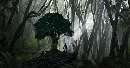 Explorer observing a jungle