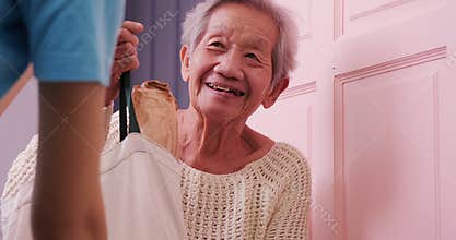Female volunteer delivery food to poor senior woman at home.