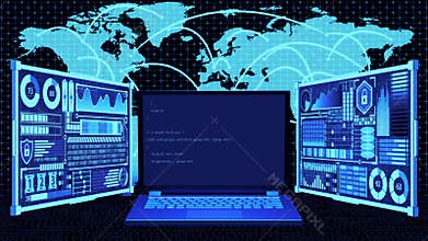 3D Rendering Laptop with Coding on screen and Futuristic HUD World map connection background in Coding connects the World Concept