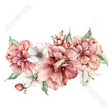 Watercolor summer card with bouquet of hibiscus and bougainvilleas. Hand painted pink tropical flowers and leaves