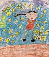 Children draw little girl with many stars