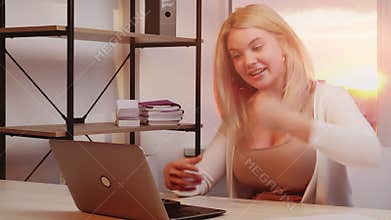 Video call amused woman fun conversation laptop