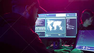 Hackers breaking server using multiple computers and infected virus ransomware. Cybercrime, information technology