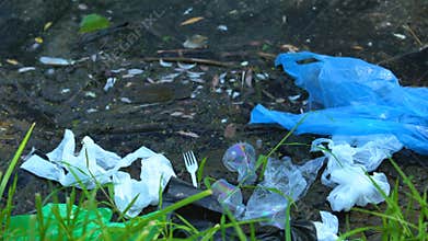 Dirty lake with toxic plastic waste, harmful impact of human living, environment