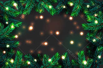 Christmas tree branches background. Festive Xmas border of green branch of pine with sparkling lights garland, vector illustration