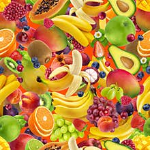 Tropical fruits seamless pattern, falling exotic fruits isolated on color background