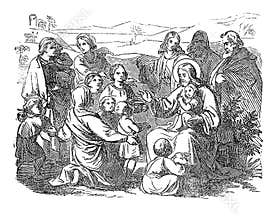 Vintage Drawing of Biblical Story of Jesus and Little Children.Bible, New Testament, Matthew 19