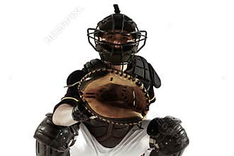 Baseball player, pitcher in a black uniform practicing on a white background.