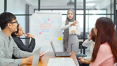 Asian muslim woman lead group of young Asian business creative team in brainstorm meeting presentation