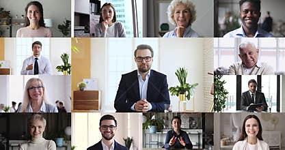 Business leader and multiracial employees group conferencing in virtual chat