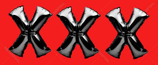XXX sign for adult content material. Letters X made of black inflatable helium balloon on red background. Porn, adult content only