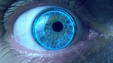 Brown eye girl with futuristic software interface. Close up