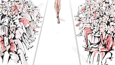 Hand drawn fashion show with stylish model and audience. Fashion runway. Haute couture. Beautiful young woman walking runway.