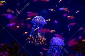 Aquarium jellyfish from the ocean are very beautiful in neon glow