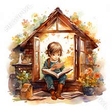 Watercolor illustration for international literacy day. The child is holding an open book