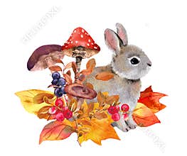 Cute little hare in fall watercolor illustration. Rabbit animal, mushrooms, autumn yellow leaves, forest berries, plants