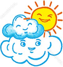 Cute cloud and smiling sun, cute cartoon character illustration isolated on white background. Hand drawn pastel, crayon, oil