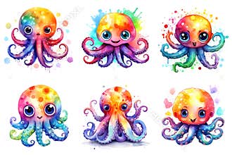 A set of six watercolor octopus illustrations, watercolor clipart on white background.