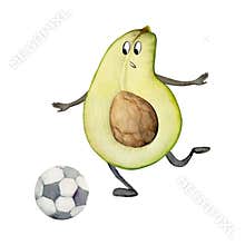 Hand drawn watercolor avocado character playing soccer football, kicking ball practice Fitness health. Illustration