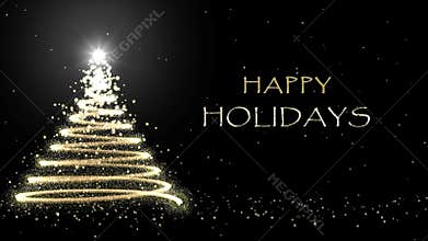 Animated Happy Holidays text, magic Christmas tree, snowfall on dark background
