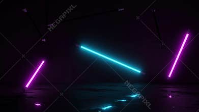 Blue-purple pink neon light product background stage or podium pedestal on grunge street floor with glow spotlight and blank