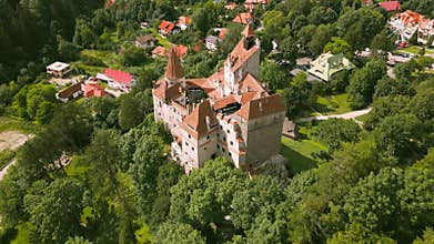 Aerial footage of Dracula\'s castle in the mountains