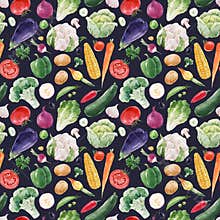 Beautiful seamless pattern with hand drawn watercolor healthy vegetable food. Eggplant cabbage corn broccoli zucchini