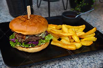 Juicy homemade hamburger served at fast food restaurant, party snacks