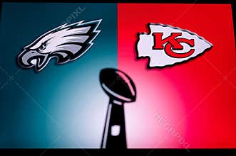 PHOENIX, USA, 30 JANUARY 3, 2023: Philadelphia Eagles vs. Kansas City Chiefs. Black Silhouette of Vince Lombardi Trophy for the