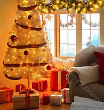 Christmas tree decorated in cozy room
