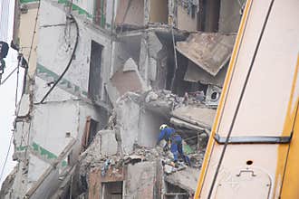 A house blown up by a Russian rocket in the city of Dnipro on Pobeda Street in Ukraine, War in Ukraine, a rocket attack on
