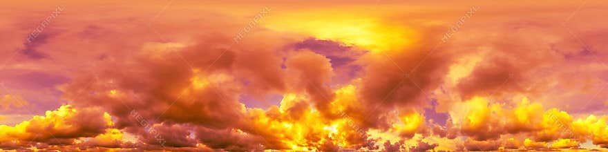 Dramatic sunset sky panorama with Cumulus clouds. Seamless hdr 360 pano in spherical equirectangular format. Complete