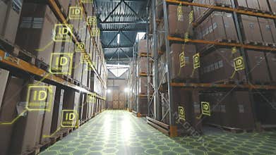 Modern warehouse concept. The appearance of plates with ID of goods in the warehouse. Product scanning process